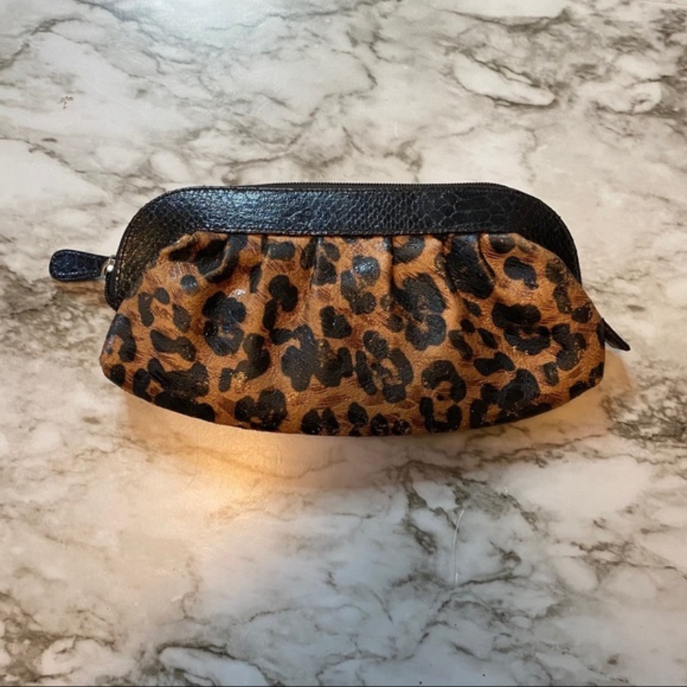Carlos Falchi Leopard Print Clutch Bag Faux Snake Trim Y2K Designer Mini Purse